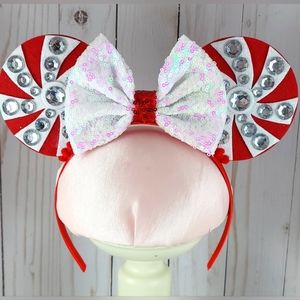Red and White Christmas Peppermint Minnie Mouse Ears Headband with Sequin Bow